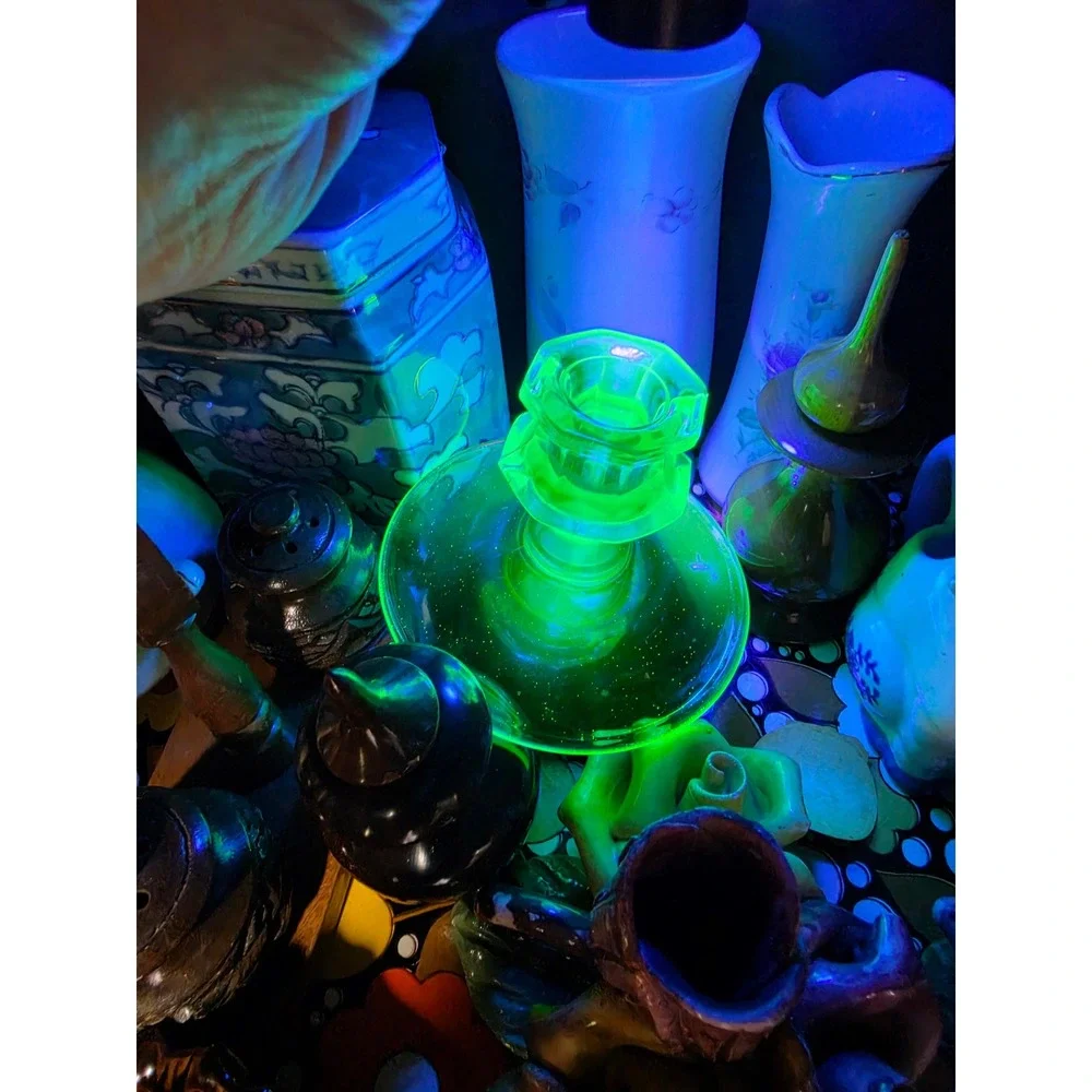 Vintage Green Uranium Glass Candlesticks Hexagonal Base Pair UV Glow Vaseline